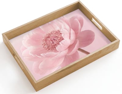Dienblad hout 40x30 cm - Schootdienblad - Bloem - Pioenroos - Roze - Borrelplank rechthoek - Plateau dienbladen