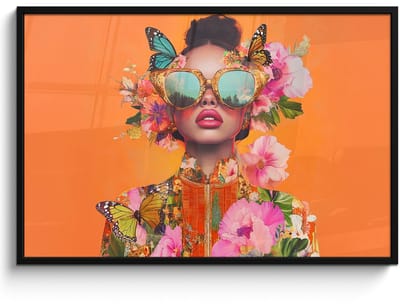 Poster in lijst - Fotolijst 120x80 cm - Posters - Vlinders - Vrouw - Zonnebril - Kleurrijk - Posterlijst zwart - Decoratie - Wanddecoratie woonkamer - Muurdecoratie slaapkamer