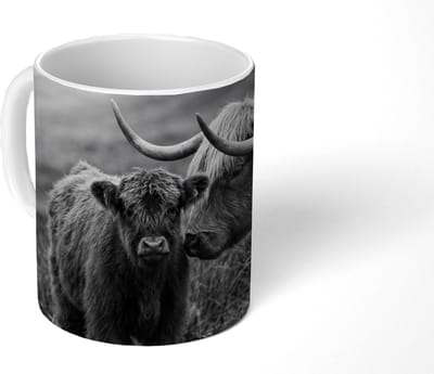 Mok - Koffiemok - Schotse hooglander - Kalf - Zwart - Wit - Mokken - 350 ML - Beker - Koffiemokken - Theemok