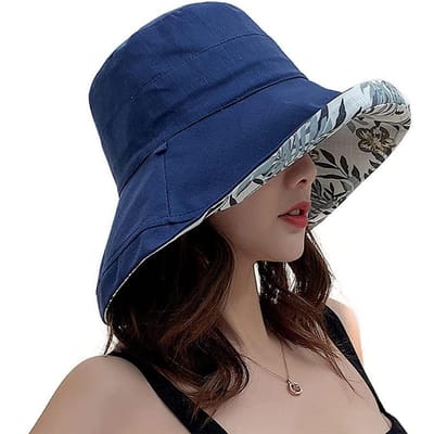 Katoenen zomerhoed met brede rand Dames, opvouwbaar, omkeerbaar bloemenemmerhoed UV-zonbescherming Brede rand zomerstrandpet Dubbelzijdig floppy zonnehoeden marineblauwe kleur