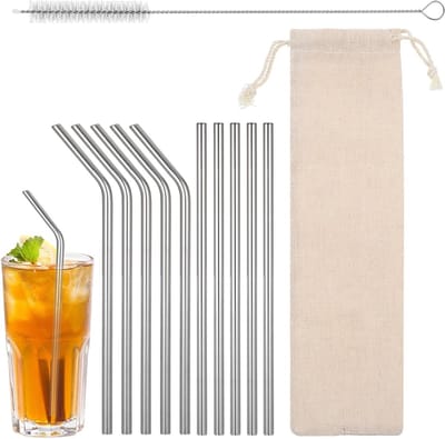 10 Stuks RVS Rietjes, Herbruikbare Metalen Rietjes, Inclusief 5 Rechte + 5 Gebogen met Borstels en Opbergzak voor Milkshakes, Cocktails en Sappen