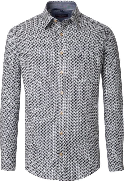 CASA MODA Sport casual fit overhemd - twill - wit met blauw en beige dessin - Strijkvriendelijk - Boordmaat: 39 - 40