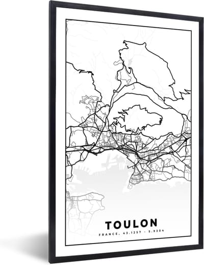 Fotolijst incl. Poster Zwart Wit- Stadskaart - Frankrijk - Toulon - Kaart - Plattegrond - Zwart wit - 40x60 cm - Posterlijst