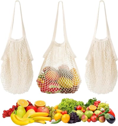 Herbruikbaar Groentenet met Lange Handgreep voor Fruit en Groenten, Vouwbare Opbergnetten voor Supermarkt, Voedsel en Winkel, Set van 3