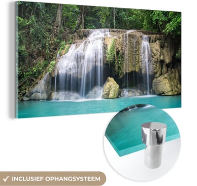 MuchoWow® Glasschilderij 40x20 cm - Schilderij acrylglas - Water - Waterval - Bomen - Foto op glas - Schilderijen