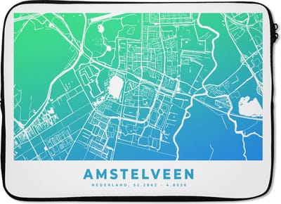 Laptophoes 14 inch - Stadskaart - Amstelveen - Blauw - Groen - Laptop sleeve - Binnenmaat 33x23 cm - Zwarte achterkant