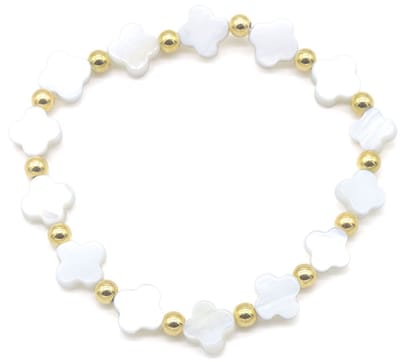 Kralenarmbandje - kralen - armbandje - sieraad - accessoire - klavertje vier - geluk - wit - elastiek - goudkleurig - hip - trendy - tijdloos - chique - feest - cadeau - dames - vrouwen - unisex - feestdagen - verjaardag