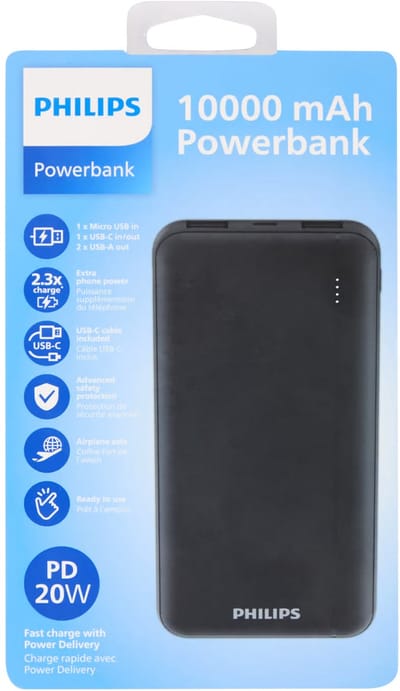 Philips Powerbank 10.000 mAh – Snelladen – 3 Poorten – Compact & Krachtig – Zwart