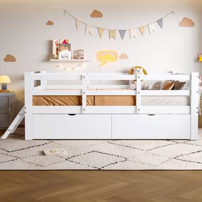 Houten platformbed van 90x200 cm met spijlen en 2 laden - Kajuitbed - wit
