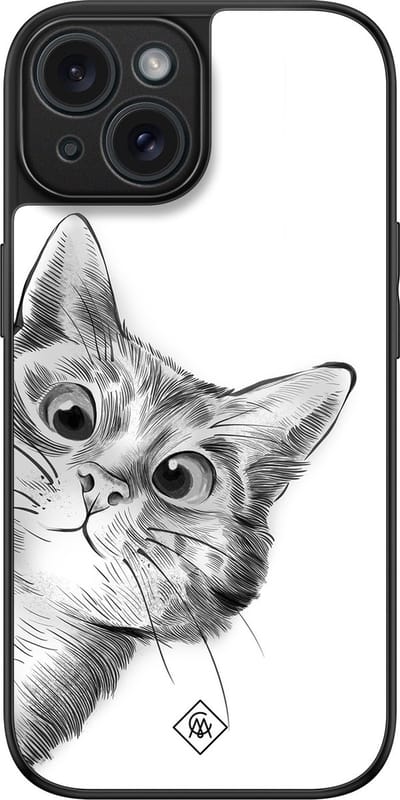 Casimoda® hoesje - Geschikt voor iPhone 15 - Peekaboo Kat - Luxe Hard Case Zwart - Backcover telefoonhoesje - Wit