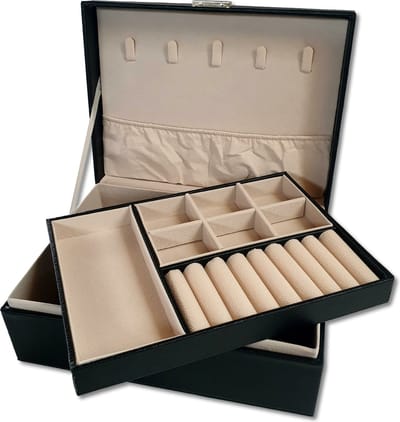 Ilènne - Sieradendoos voor volwassenen of kind - 2 lagen - met slot - Zwart lederlook