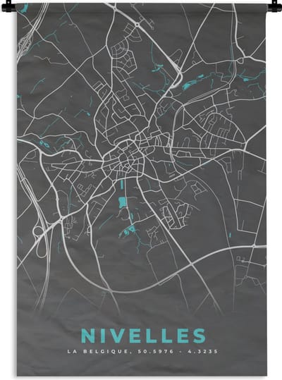Wandkleed - Wanddoek - Stadskaart – Grijs - Kaart – Nivelles – België – Plattegrond - 120x180 cm - Wandtapijt
