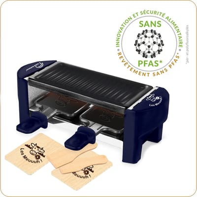 Little Balance 8616 - Raclette & gourmetset - voor 2 personen - incl. 2 pannen, 2 spatels en plankjes - PFAS vrij - 320 Watt - donker blauw