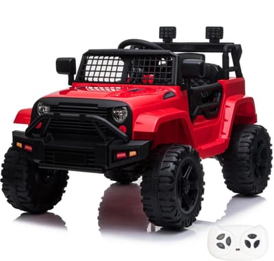 VROOOMY Trail Blazer Elektrische Kinderauto 1 tot 5 jaar – Kinderjeep met Schokdempers, verlichting & MP3-speler – 12V accuvoertuig met Afstandsbediening, Werkende Deuren & Soft-Start – Rood