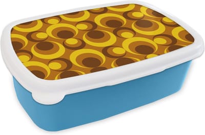 Broodtrommel Blauw - Lunchbox Patronen - Retro - Bruin - Geel - Brooddoos 18x12x6 cm - Brood lunch box - Broodtrommels voor kinderen en volwassenen