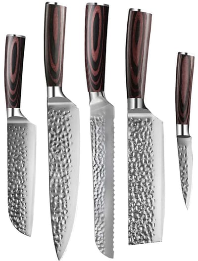 Shinrai Knives - Hammered RVS 5-delige Messenset - Koksmes + Broodmes + Nakiri + Kleine Santoku + Schilmes