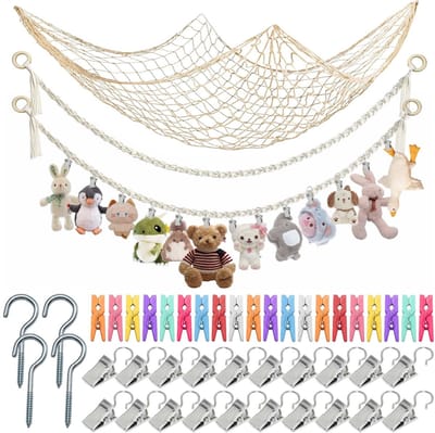 Dailygoods- Opbergnet Bohemian Macramé - Hangende Opberger - Opberg Etui - Knuffels - Decoratie - 40 Clips - 2 m Pluche Dier - Opbergnetten