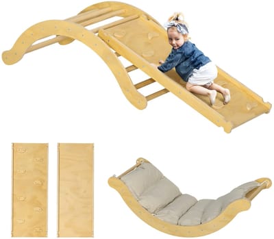 4-in-1 Klimset voor Kinderen – Houten Klimdriehoek met Glijbaan – Indoor Speeltoestel – Natuurlijk Hout