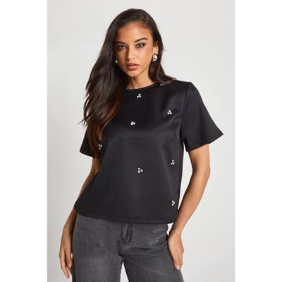 boohoo Dames Diamante Boxy Crepe T-Shirt | Black | Maat: 6