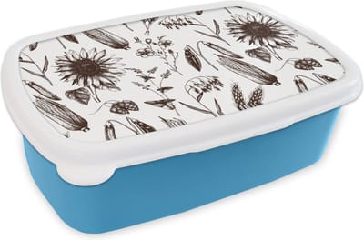 Broodtrommel Blauw - Lunchbox - Brooddoos - Patroon - Planten - Zwart - Wit - 18x12x6 cm - Kinderen - Jongen