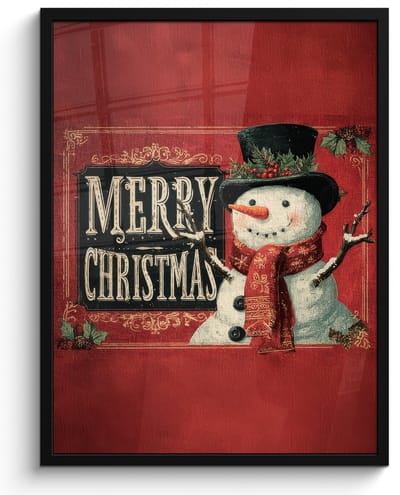 Poster in lijst - Fotolijst 60x80 cm - Posters - Klassiek - Kerstgroet - Sneeuwpop - Rood - Posterlijst zwart - Decoratie - Wanddecoratie woonkamer - Muurdecoratie slaapkamer - Kerstversiering - Kerstdecoratie voor binnen - Kerstmis