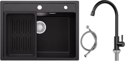 Anycee Max Granieten Spoelbakken (60x46CM) - Spoelbak Keuken Met Koud water Keukenkraan - Wasbak Keuken Met Waterafvoersysteem en Afdruiprek - Zwart