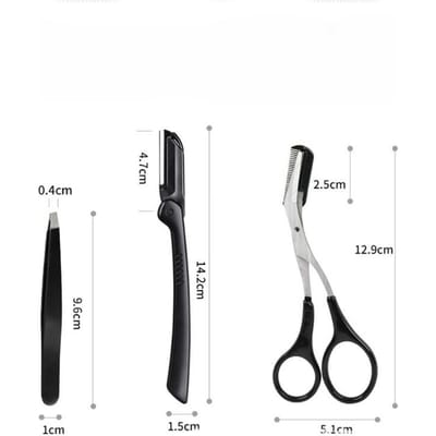 3-delige Make-up Kit voor Ogen, 3-in-1 Wenkbrauw Trimgereedschap Inclusief Wenkbrauwscheermesje, Schaar, Pincet, Professionele Make-up Beauty Tools zwart