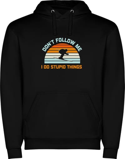 Zwarte unisex hoodie met “ Kleurrijke Ski don't follow me I do stupid things - Sneeuw – Wintersport “ Print Full Color Color merk Roly maat S