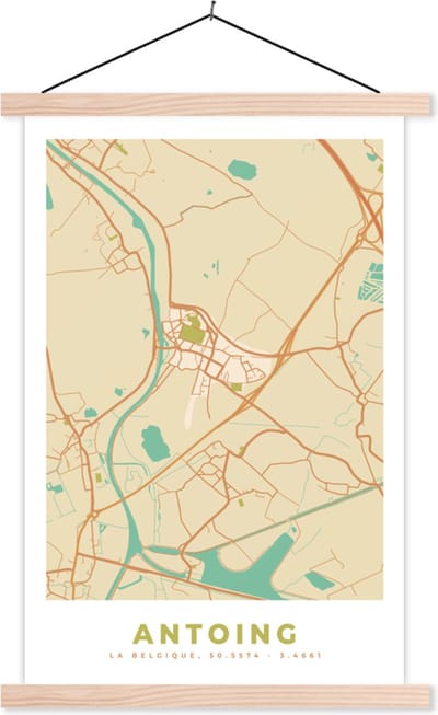 Posterhanger incl. Poster 40x60 cm - Schoolplaat - Stadskaart - Kaart - Plattegrond - Vintage - Antoing - Textielposter - Blanke latten - Stadskaart