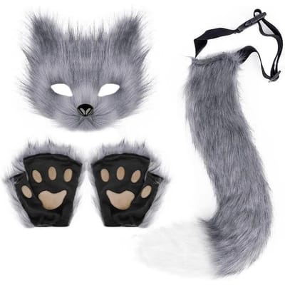 3D Wolf Klauw Handschoenen Met Realistisch Half Gezicht Masker Pluizig Kat Kostuum Bont Handschoenen Accessoires Set Halloween Cosplay Staart Poten N0N7 gray