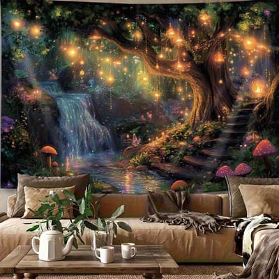 Betoverd Bos met Gloeiende Lantaarns Waterval en Paddenstoelen Wandkleed 2D Platte Print Fantasie Kunst Natuur Decor Boho Stijl 70x100CM gray