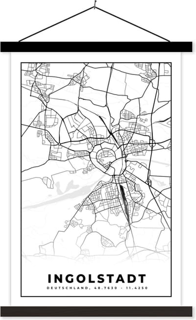 Posterhanger incl. Poster 40x60 cm - Schoolplaat - Ingolstadt - Plattegrond - Kaart - Stadskaart - Textielposter - Zwarte latten - Stadskaart