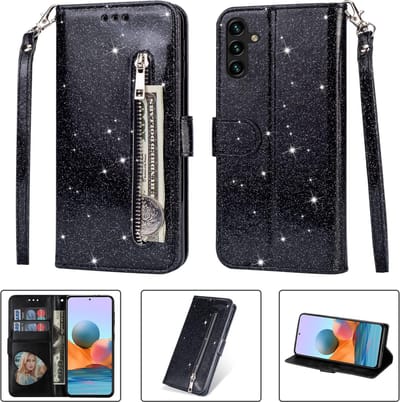 Portemonnee Hoesje - Wallet Case - Rits Sparkly Glitter - Telefoonhoes met Kord Geschikt voor: Samsung Galaxy S23 - Zwart
