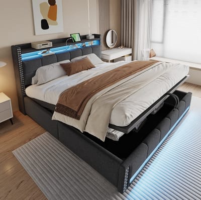 MEUNIQ gestoffeerd tweepersoonsbed 180x200 cm met LED-verlichting, USB-aansluiting, hoofdbord met opbergruimte en hydraulische opbergruimte voor slaapkamer grijs