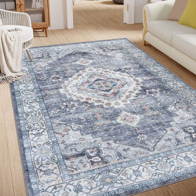 Olanly Vintage Vloerkleed - Grijsblauw - Laagpolig Tapijt Woonkamer - 153x275 cm