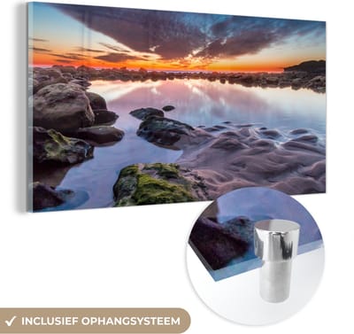 MuchoWow® Glasschilderij 40x20 cm - Schilderij acrylglas - Rotsen - Water - Natuur - Foto op glas - Schilderijen