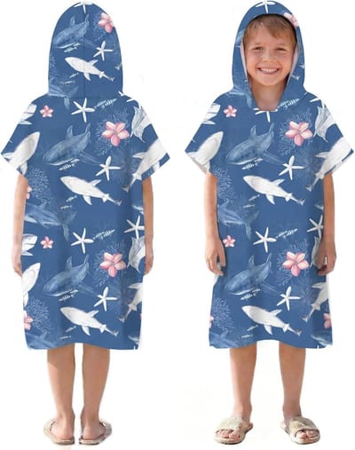 Surfponcho Kinderen - Omkleedhanddoek Capuchon - Strand en Zwemmen - Sneldrogend Microvezel - 60x60cm - Zwarte Haaien