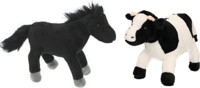 Pluche knuffel boerderijdieren set - Koe en zwart Paard - van 20 cm - Zachte kinder knuffels