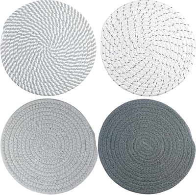 Set van 4 Ronde Geweven Placemat en Onderzetters van Katoen, 20 cm, Warmtebestendig voor Pannen en Keuken Tafel Decoratie in Beige en Grijs