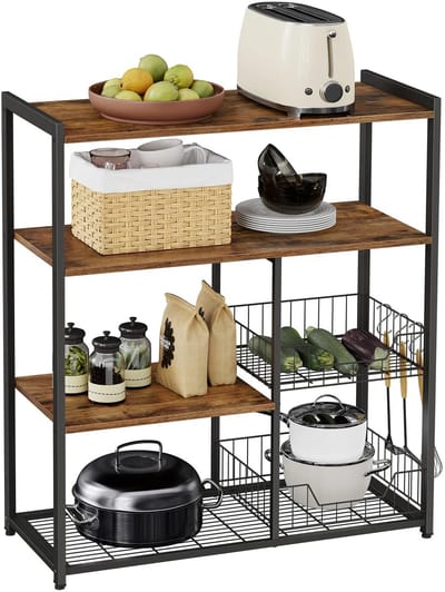 Linkforu – Stevig Keukenrek – Keukentrolley - Standaardrek – Keukenorganizer - Opslagrek - 6 Haken - 35x80x95 cm - Bruin