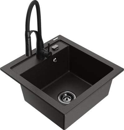 Mexen Vito granieten spoelbak 1-komor met Aster keukenmengkraan, zwart/goud metallic- 6503-75-73450-70-B
