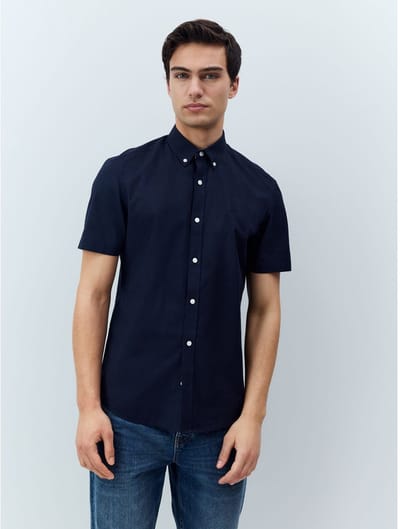 Next - Heren - Oxford overhemd met stretch en korte mouwen - Blauw