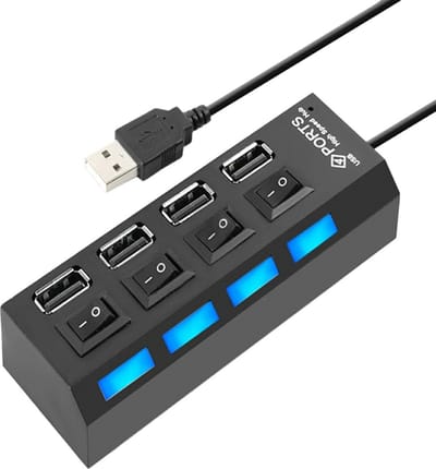 HI Speed 4-Poorts USB 2.0 Hub I Hub Splitter I Aan/Uit Switch I LED I Tot 480 MB/s I Zwart