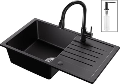 CECIPA max Spoelbak Antraciet 78x45CM - Spoelbakken Met Keukenkraan en Zeepdispenser - Granieten Spoelbakken Keuken - Spoelbak Met Afdruiprek - Spoelbakken Incl. Sifon en Afvoerzeefje