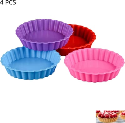 4 stuks - Siliconen taartvormen - mini quichevormen - ronde gegroefde flanvorm - voor het bakken van taarten, quiches, cakes en kleine desserts - 11×2cm - rood+roze+blauw+paars