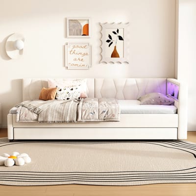 Slaapbank - 90x200 cm - USB Type-C - LED-verlichting - Bed met uitschuifbaar bed - Zonder matras - Linnengoed - Beige