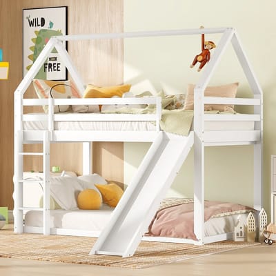Sweiko Kinderbed Huisbed Stapelbed met Glijbaan en Ladder, Wit, 90x200cm