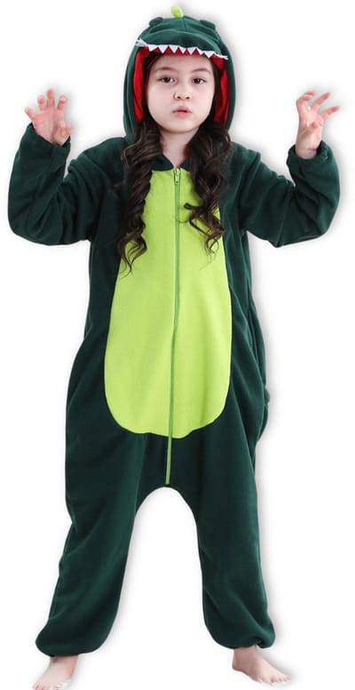 BoefieBoef Dieren Onesie Dinosaurus voor Kinderen 5-8 Jaar – Pyjama Dieren Verkleedpak – Warme Flanel Jumpsuit met Capuchon – Knuffelpak & Huispak – Zwemles – Carnaval, Halloween & Sinterklaas Cadeau – Jongens & Meisjes - Donker Groen