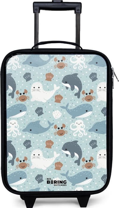 NoBoringSuitcases.com® - Kinderkoffer jongen - Kindertrolley meisje - Zeedierenpatroon met dolfijnen, zeehonden en krabben - Koffer kind lichtgewicht - Reiskoffer trolley voor kinderen - Koffertje met lichtgevende wieltjes - Rolkoffer zwart