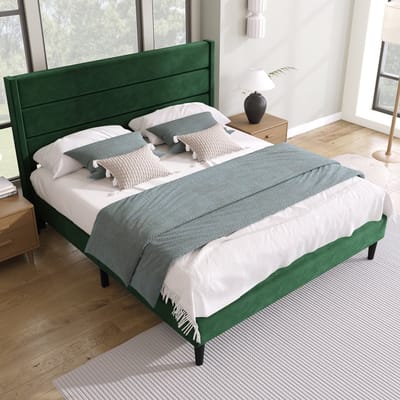 MODENUIT Fluwelen bed 140x200 cm – Lattenbodem en hoofdbord – 3 gestoffeerde panelen – Zonder matras – Donkergroen
